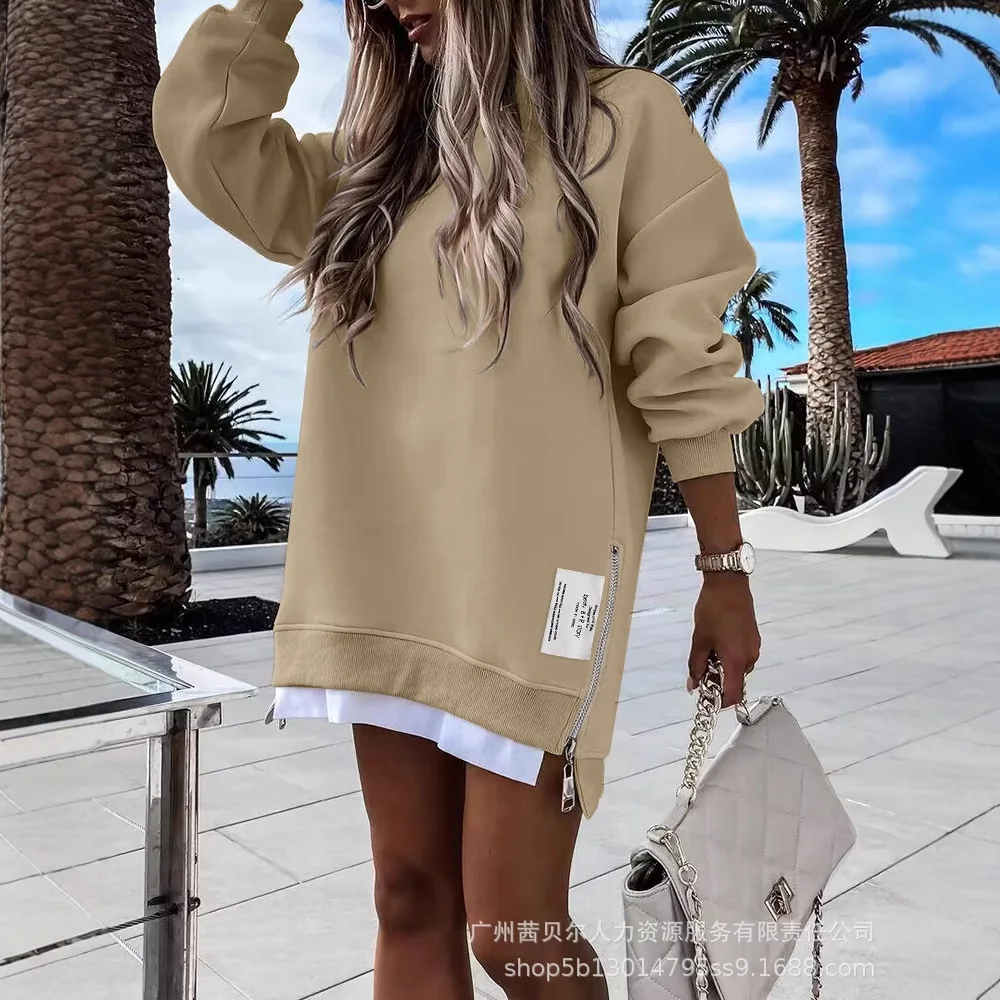 Sweatshirts Women Tops Round Neck Hoodies Y2k Streetwear Punk Elegant Splice Mid Length Top Loose Causal Autumn Winter 2025