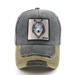 Vintage Denim Baseball Cap With Embroidery Wolf Patch Men Snapback Hip Hop Dad Hats Women Four Seasons Adjustable Sun Visor Cap