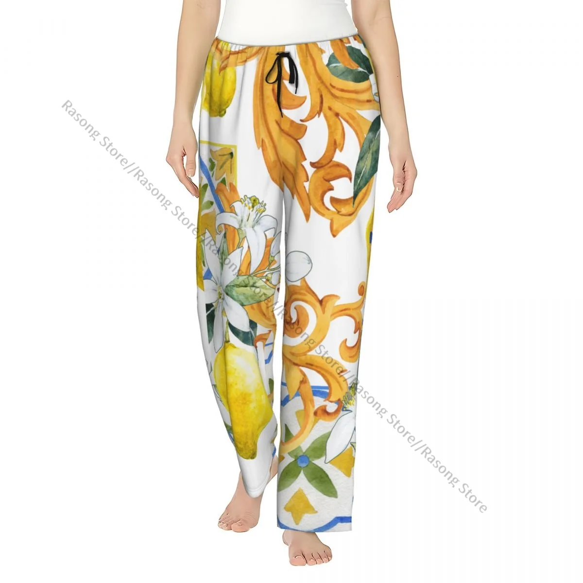 

Warm Women Pajama Pants Golden Monograms And Flowers Of Lemon Flannel Sleep Bottoms Soft Fleece Loungewear
