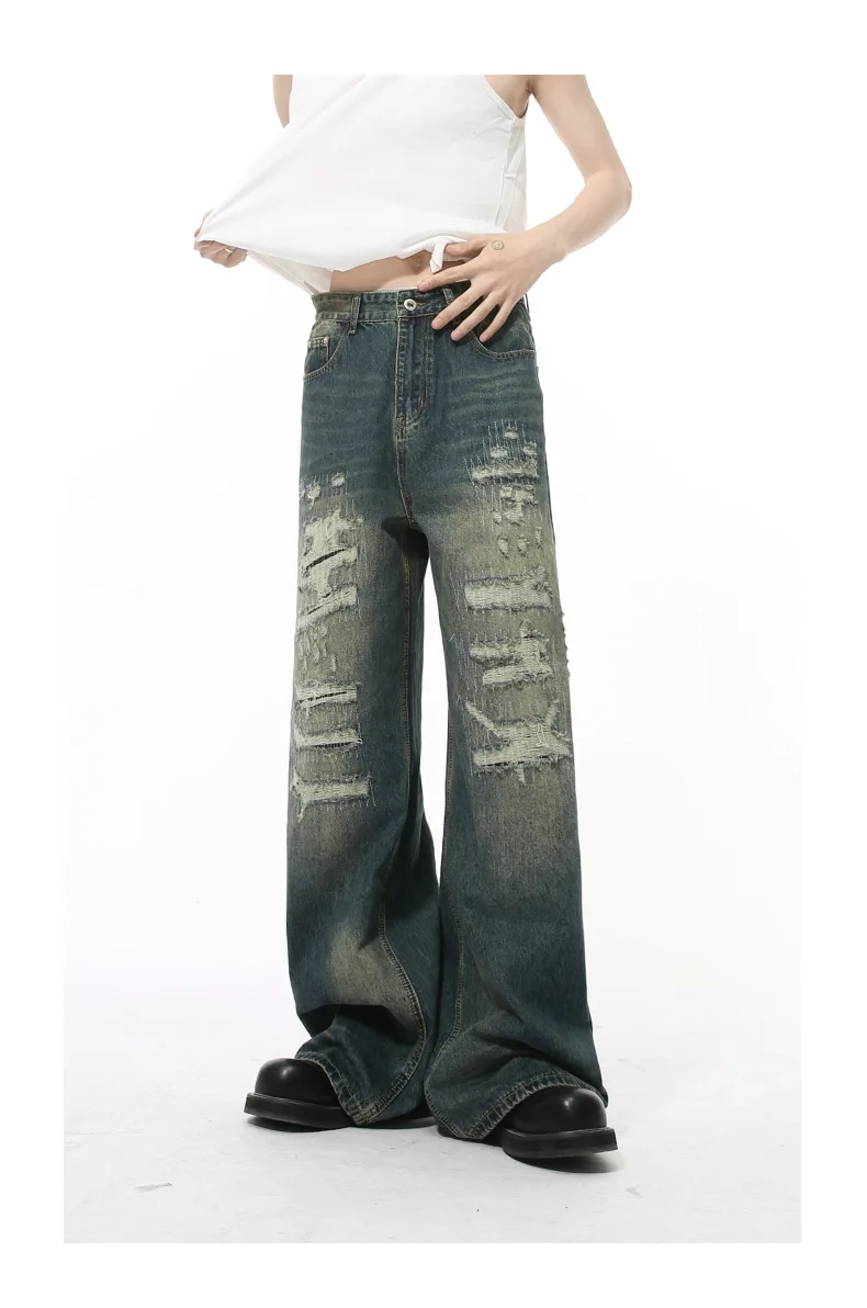 IEFB High Street Men's Denim Pants Hole Worn-out Streetwear Trousers Straight Wide Leg Casual Male Jeans New Autumn 2024 9C8513