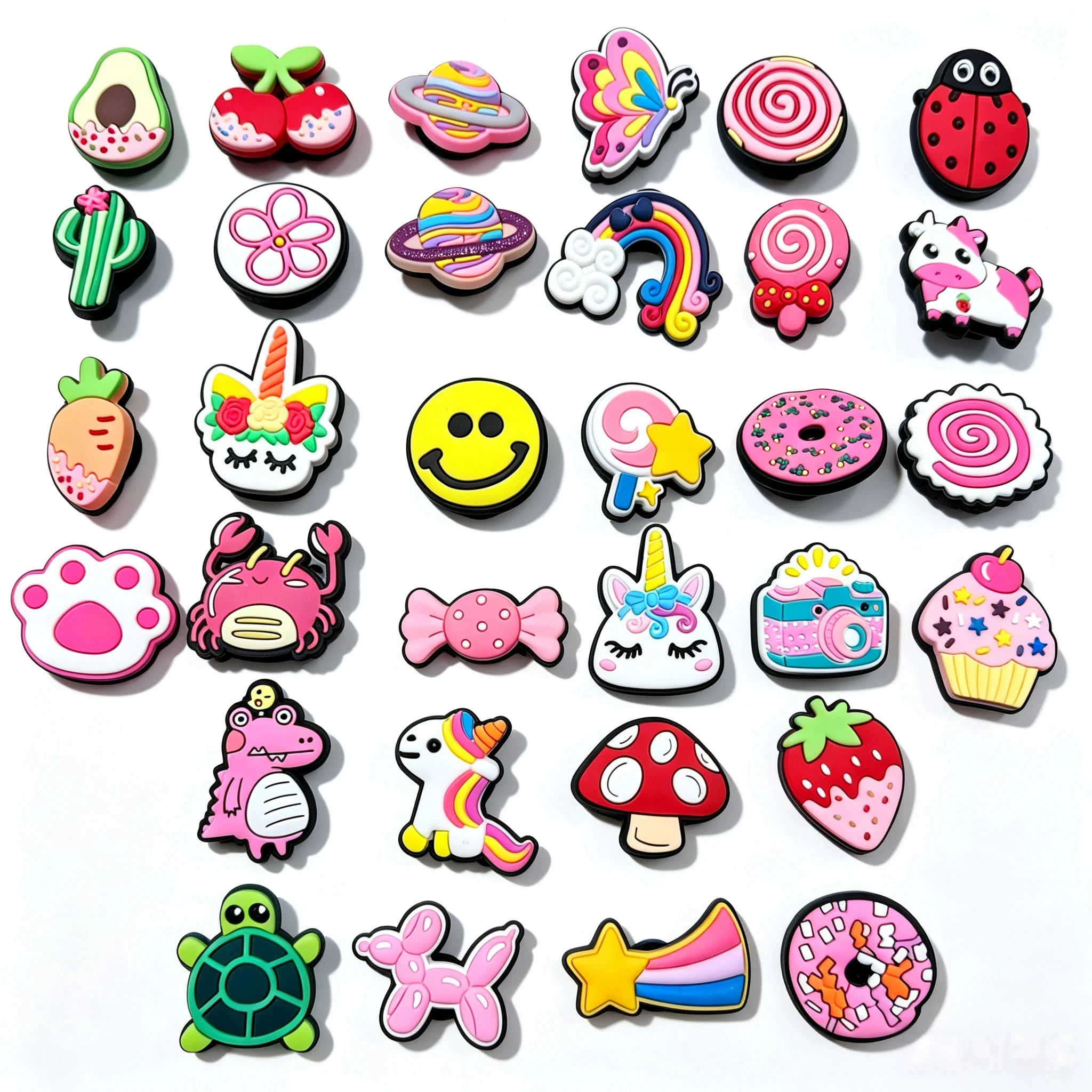 32-100Pcs Cute Unicorn Various Styles PVC Garden Shoe Charms Planet Avocado Woman Shoe Buckle Accessories Fit Party Gift