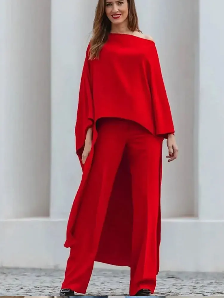 Sukienka damska na wiosnę 2024, okrągły dekolt, asymetryczna, czerwona, satynowa, w stylu peleryny, luźna, codzienna, w stylu resort.