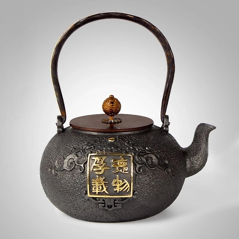 Gold Plated Pure Iron Hand-Forged Teapot Vintage Cast Iron Kettle Uncoated Traditional Stovetop Safe for Tea Ceremony