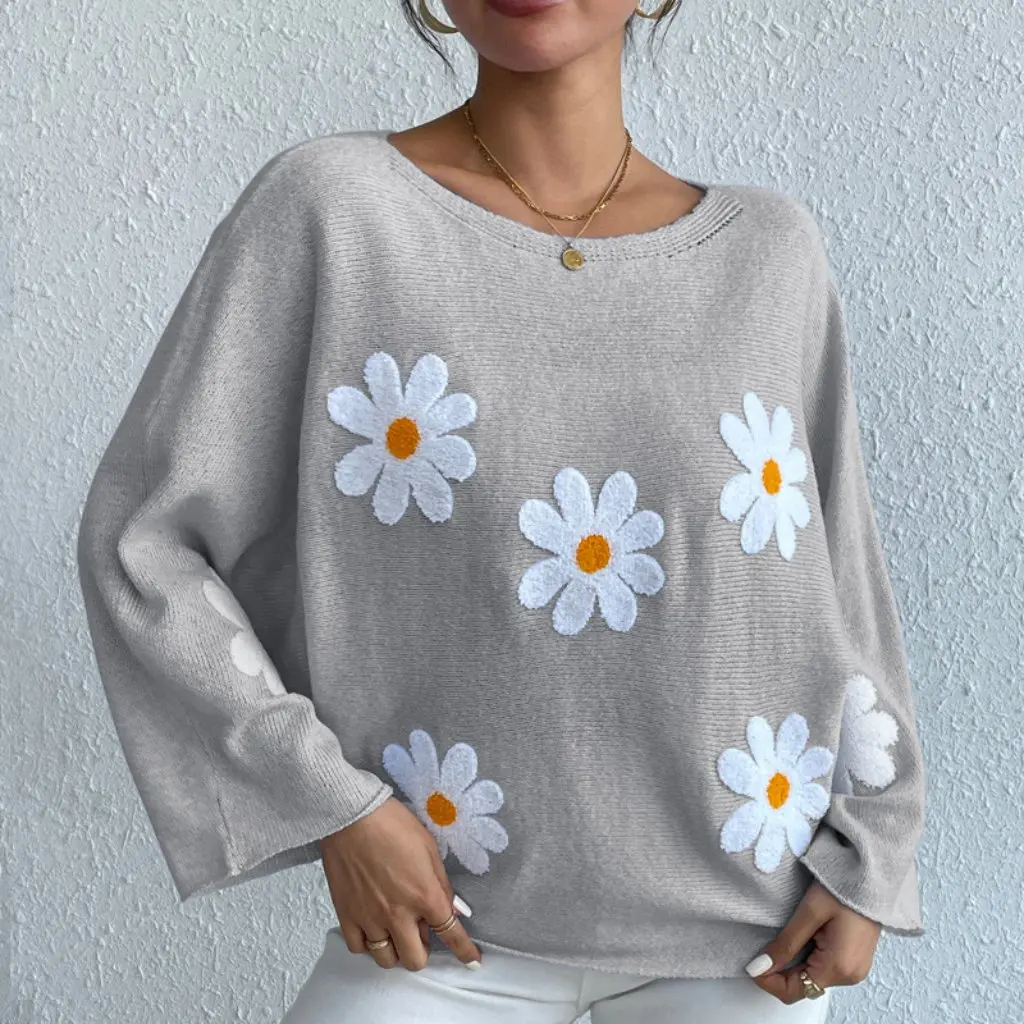

Sweet Flower Embroidered Off-Shoulder Pullover Sweater Loose Knitted Top for Women European And American Style New Arrival
