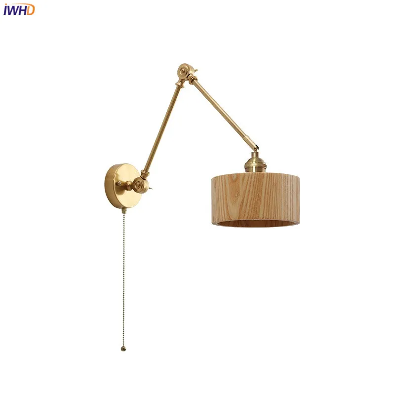 IWHD Nordic Modern Wood LED Wall Lamp Sconce Pull Chain Switch Up And Down Copper Swing Long Arm Bedroom Beside Stair Light