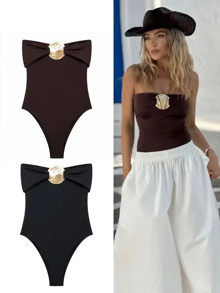 

2024 Summer Woman Solid Bodysuit Strapless Sequined Decoration Slim Sexy Onesies Female Wild Beach Style Woman Playsuit