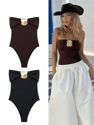 2024 Summer Woman Solid Bodysuit Strapless Sequined Decoration Slim Sexy Onesies Female Wild Beach Style Woman Playsuit
