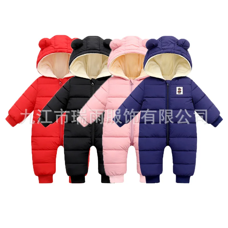

Baby Boys Girls Bodysuit Autumn Winter New Solid Color Cartoon Lining Plush Thick Warm Hooded Jumpsuits For 6M-2Y Kids Romper