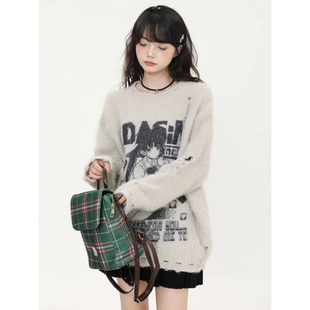

Japanese style Y2K sweater women's autumn and winter loose anime pattern knitted sweater with perforated top for the millennium