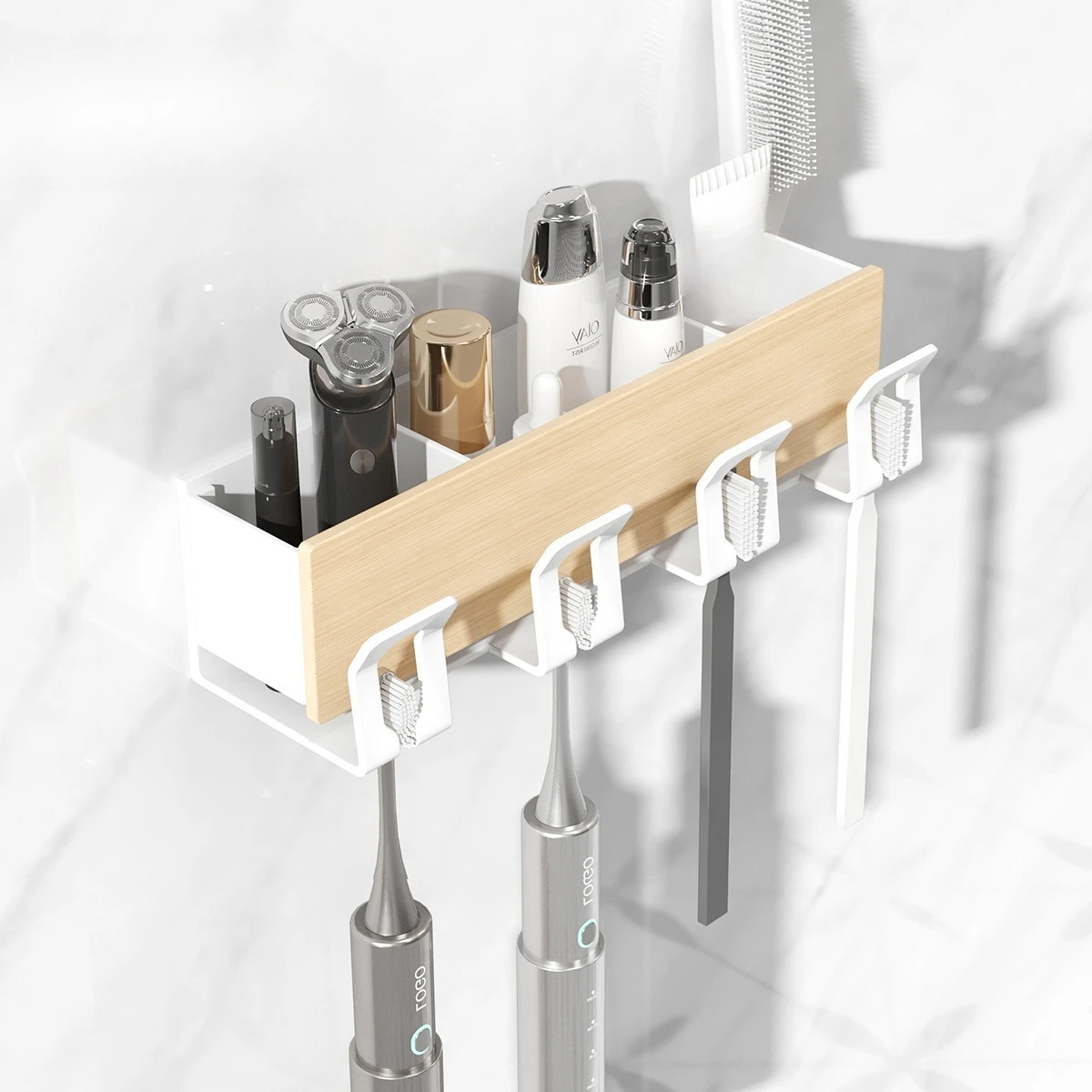 

Wooden Black Toothbrush Holder Wall-mounted Toothbrush Rack Punch-free Bathroom Shelf Electric Toothbrush Holder Storage Rack