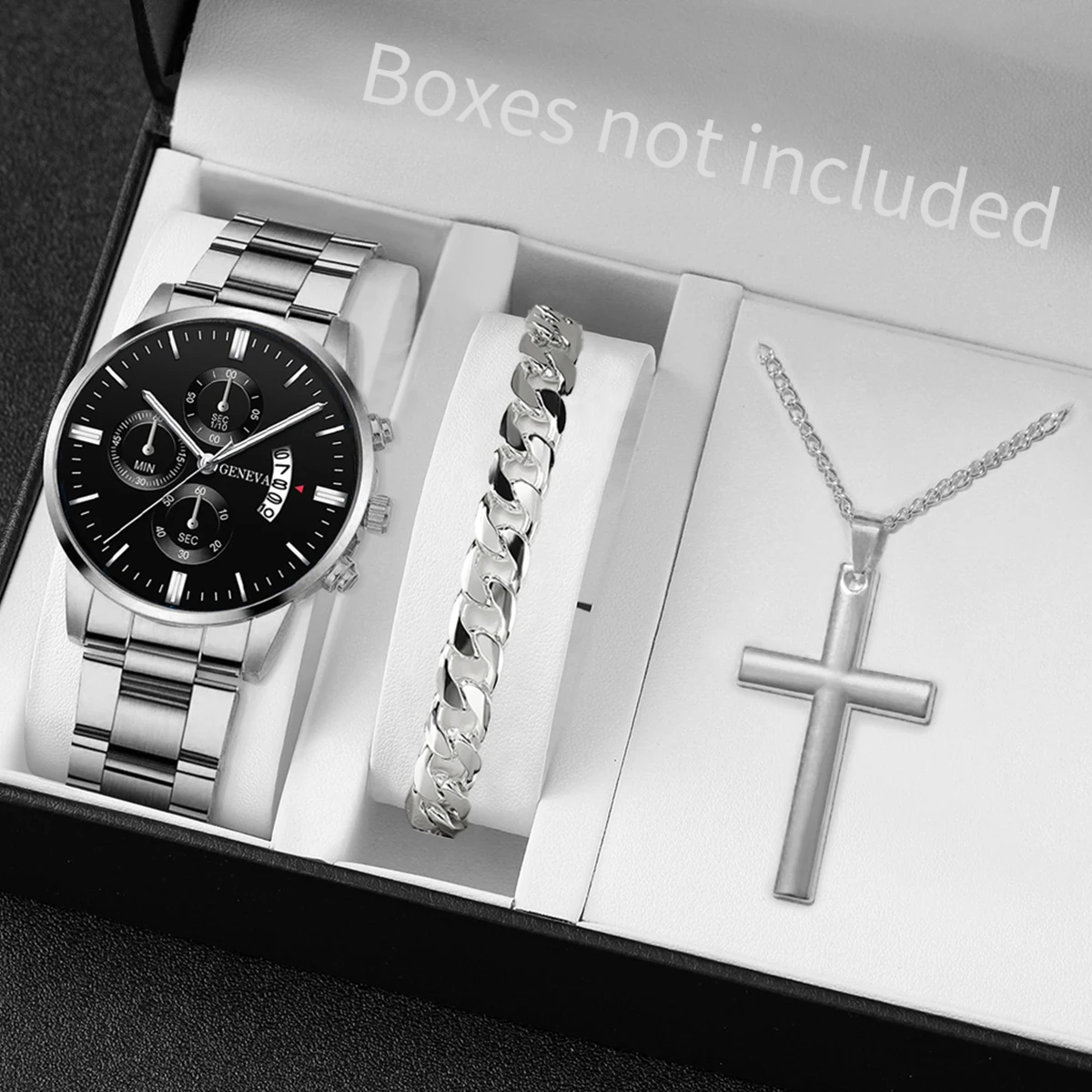 3PCS/Set Fashion Men\'s Stainless Steel Band Watch Casual Calendar Quartz Watch Jewelry Set(Without Box)