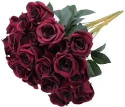 1pack 12 heads Artificial Burgundy Flowers Silk Faux Mother's Day Bouquet Vintage Rose for DIY Table Centerpiece Party Decor