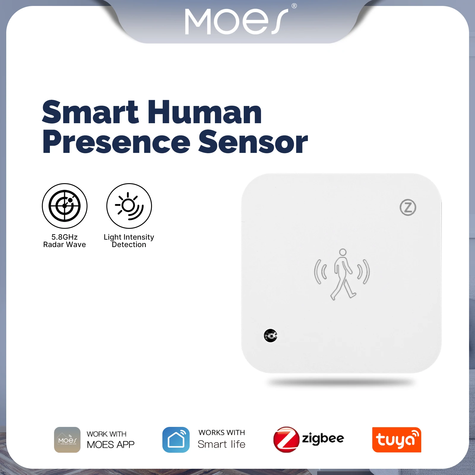 MOES Tuya ZigBee Smart Human Presence Sensor Motion Motionless Detection Light Luminance Sensor Wired Design App Notification