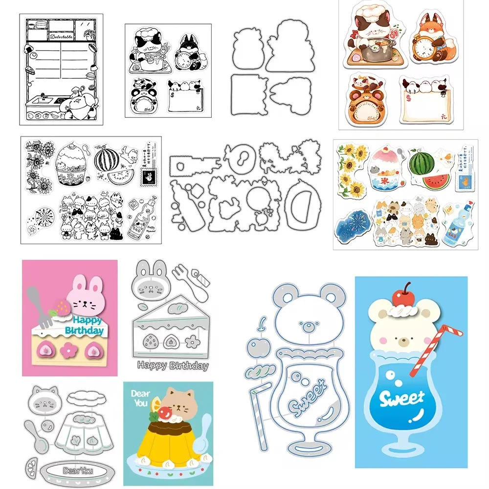 Soda Bear Pudding Cat Cake Bunny Dessert Series Cutting Dies Summer Cats Stamps New 2024 For DIY Scrarpbooking Paper Card Making