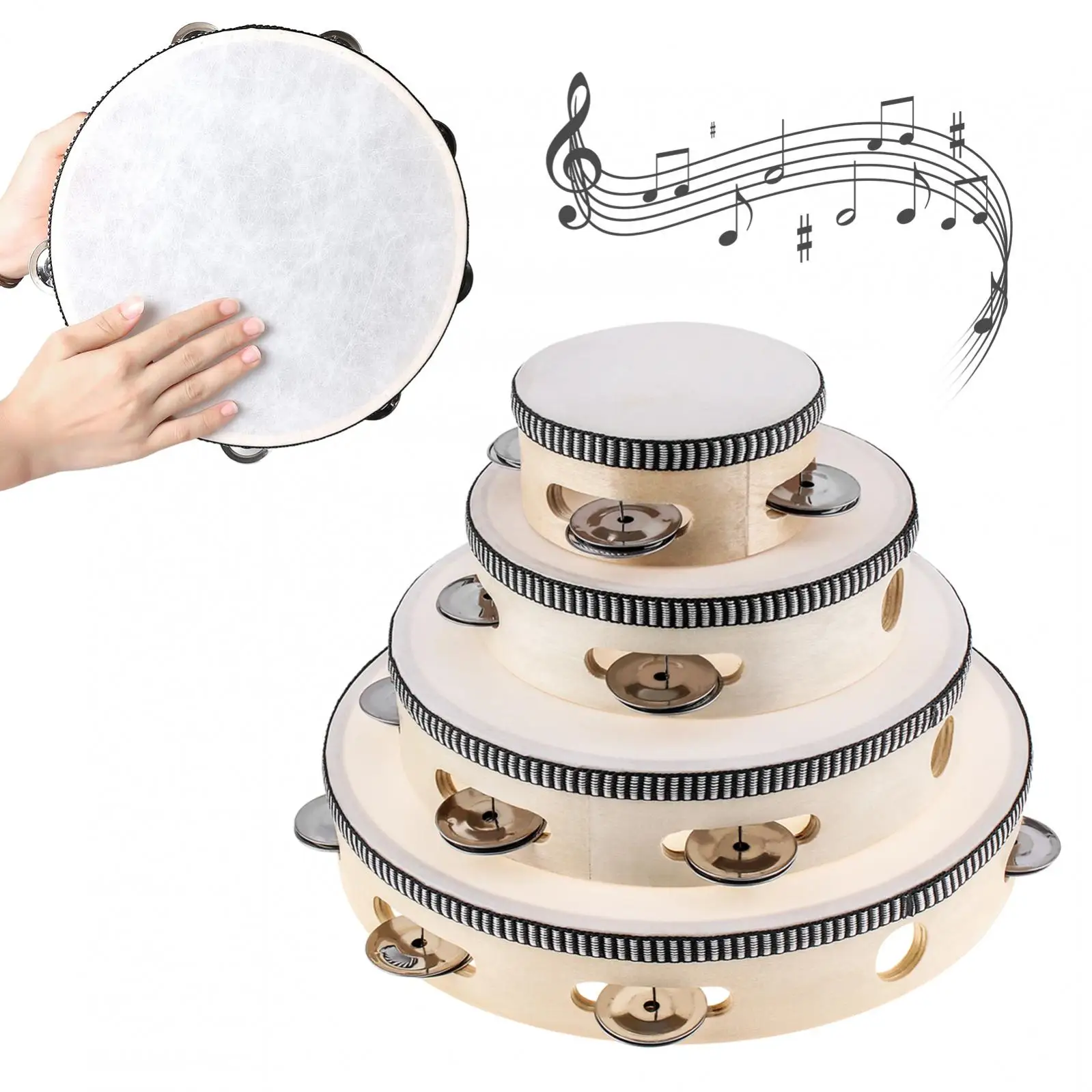 4pcs/lot 4 / 6 / 8 / 10 inch Mixed Hand Held Single Row Metal Jingles Wood Tambourine Percussion Instrument Gift