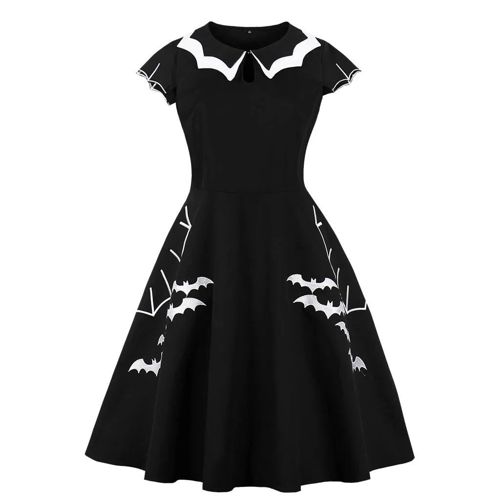 Disfraces de Halloween con bordado de murciélago Vintage de los años 50 y 60, vestidos sexis de fiesta negros góticos con manga frontal y ojo de cerradura para mujer