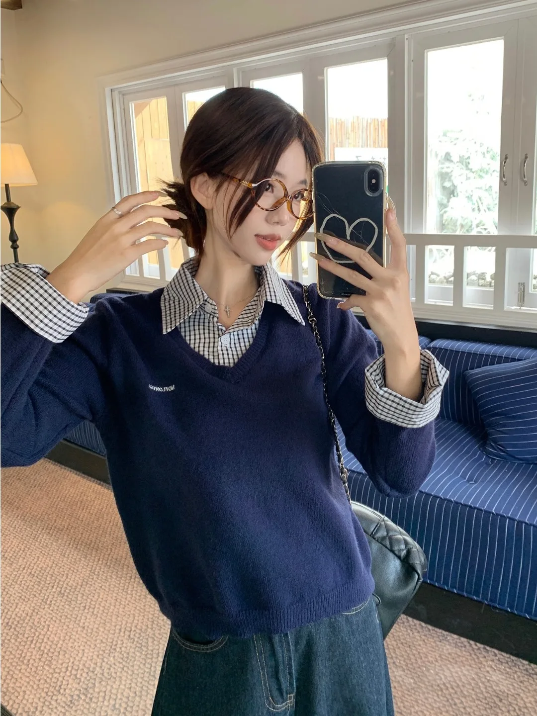 

Женский винтажный топ больших размеров с клетчатым пэчворком и воротником, имитация двухслойности, с длинными рукавами, осенне-зимний, стройнящий, универсальный, модный