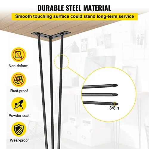 

24-Inch Black Triple-Rod Hairpin Legs, Set Of 4, Carbon Steel Heavy Duty Furniture Supports For Desk, Bench, Dining Table, 880