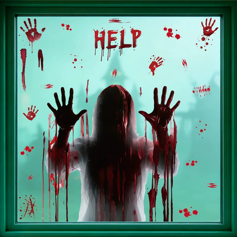 Halloween Decoration Stickers Horrible Blood Handprint Bloodstain Female Ghost Window Stickers Halloween Party Glass Stickers