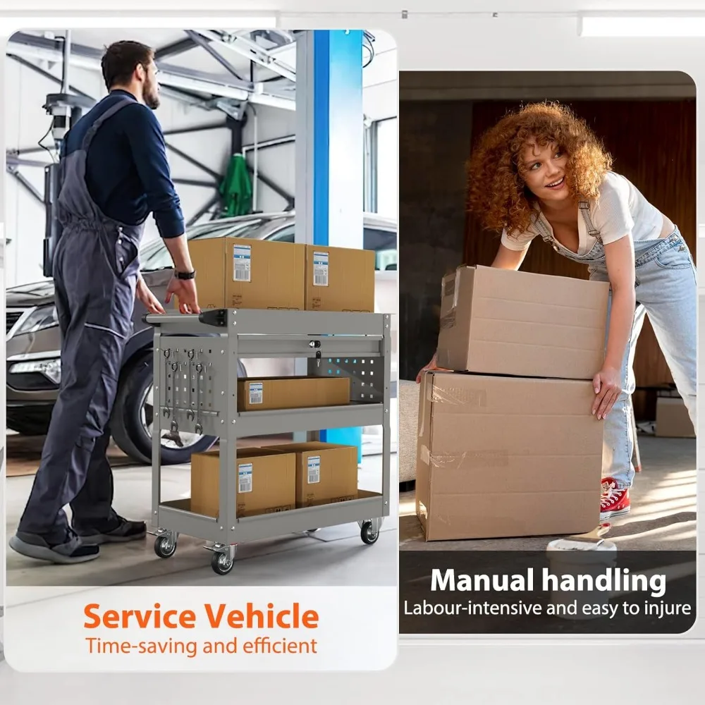 Zwaar uitgevoerde gereedschapswagen met 3 niveaus op wielen, rollende gereedschapswagen op wielen met lade, 350 lbs laadvermogen servicekaart voor waren