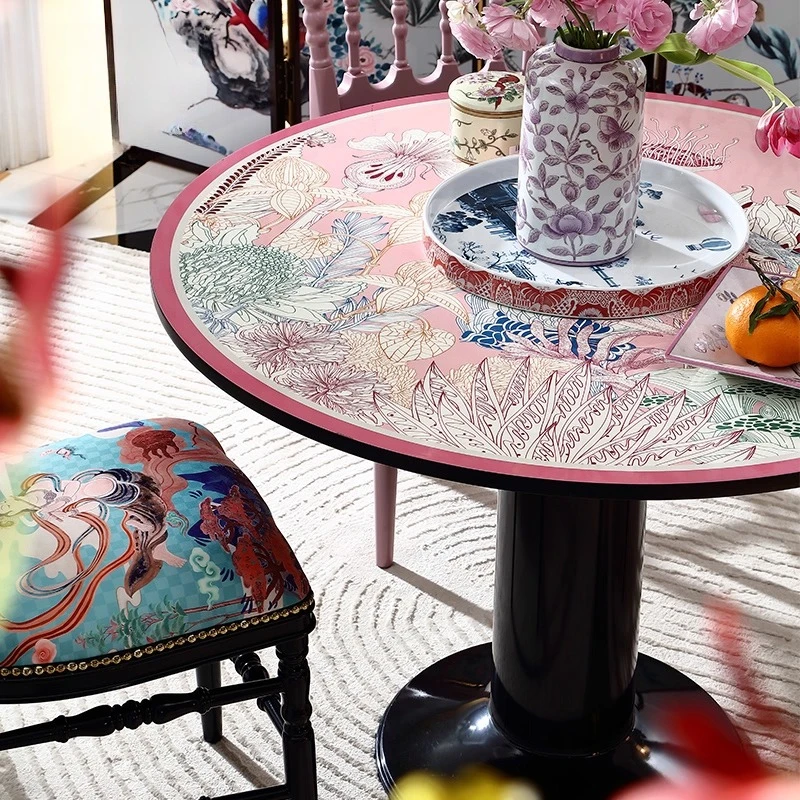 

Small apartment Chinese retro round dining table art living room home dining table French painted leisure table 1 meter