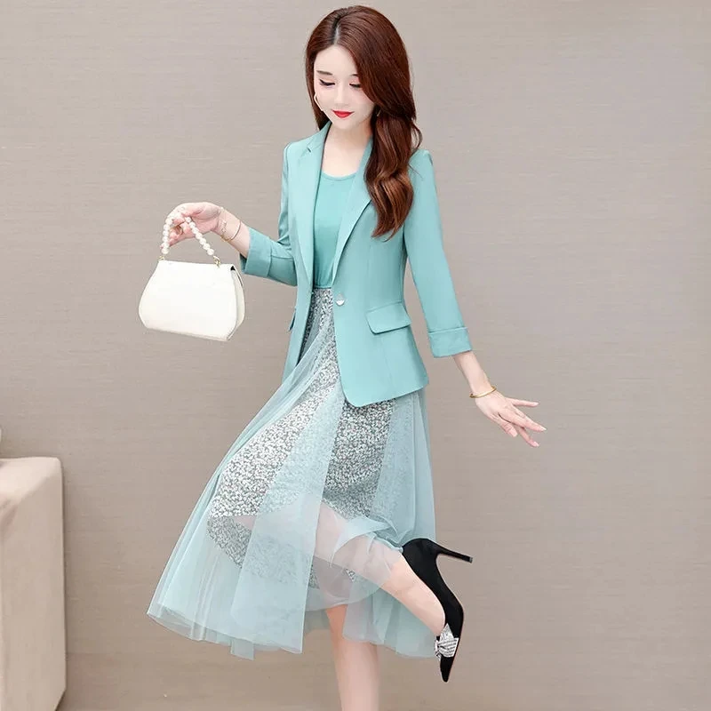 Blazer+Printing Chiffon Dress Suits Women\'s Female 2023 New Waist Slim Mid-Long Simple Summer Dress Mother Two-Piece Set Elegant