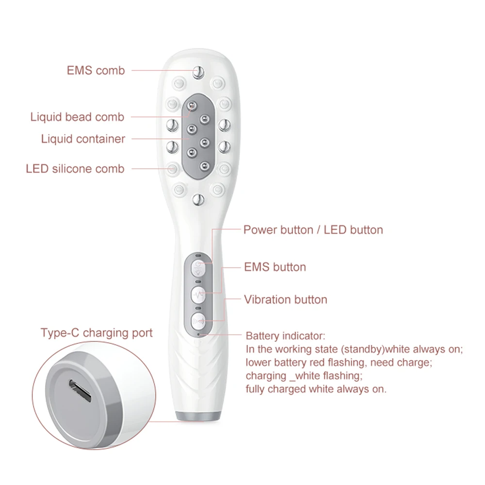 Elektrischer Haarwachstumskamm, Ölapplikator, rot, blau, LED, Vibrationskopf, Massagebürste, Kamm, EMS, stimuliert die Kopfhaut, Anti-Haarausfall – Detail 12