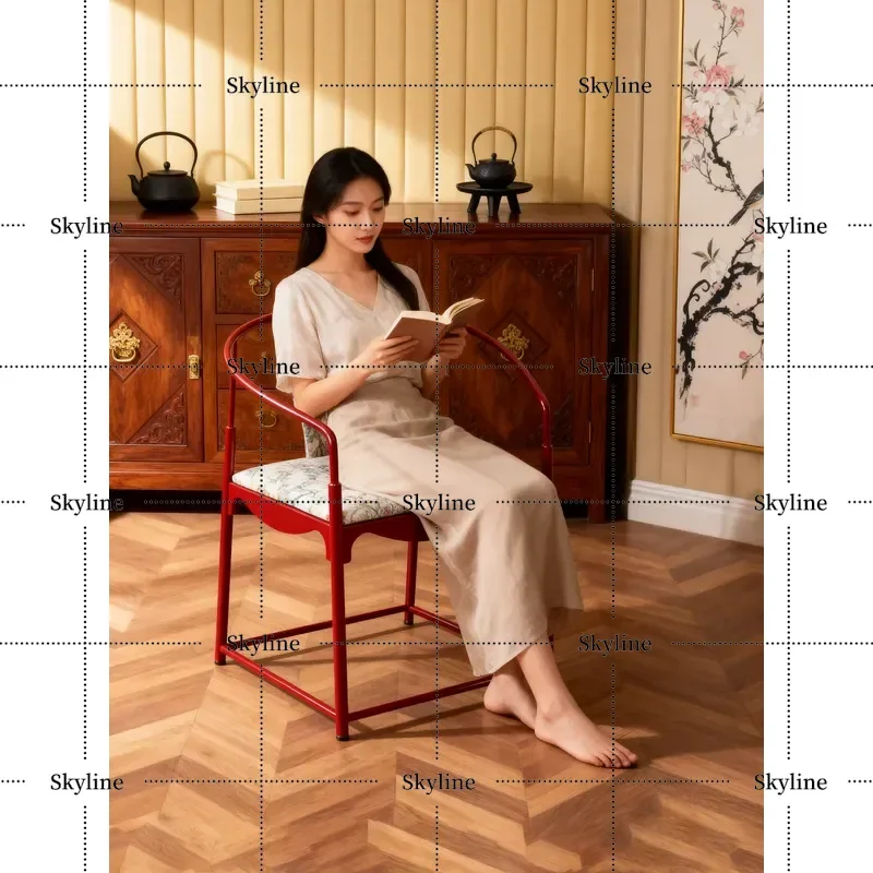 Cloud Chair Canyon Red New Chinese Style Single Sofa with Embroidery for Study Tea Drinking Backrest and Armrests