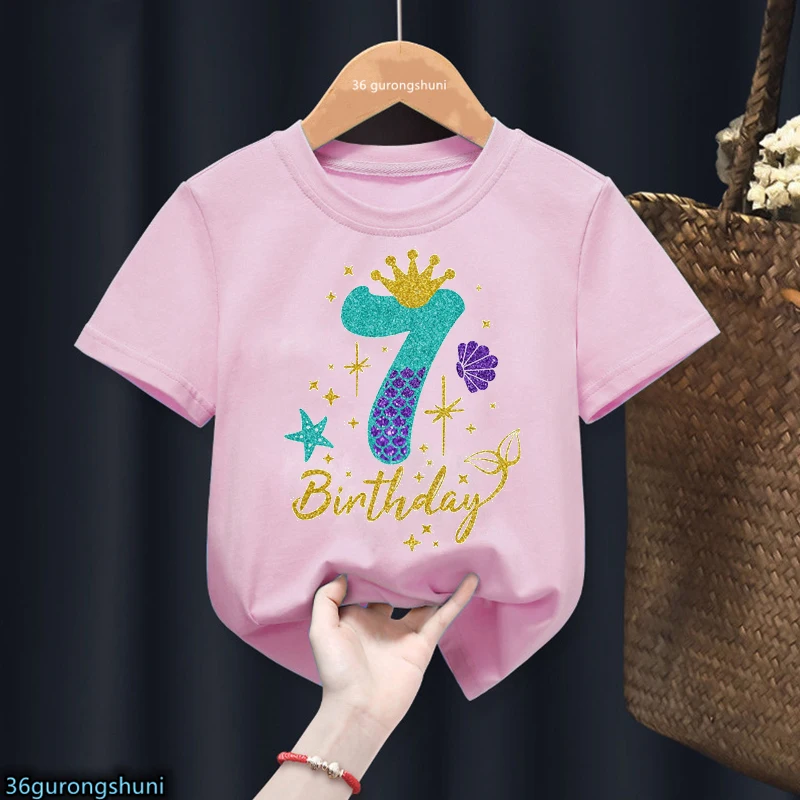 Camiseta con estampado gráfico de princesa sirena para niñas, ropa Kawaii para niños, Tops de verano, regalo de cumpleaños 3th/4th/5th/6th