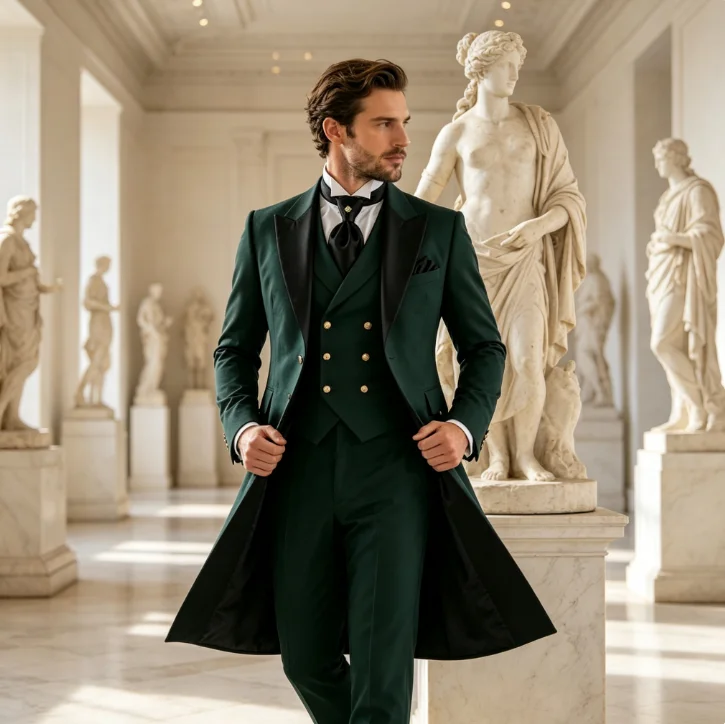 Black Collar Dark Green Long Blazer Prom Men Suit Wedding Party Formal Groom Business Male Tuxedos 3 Piece Set Jacket Vest Pants