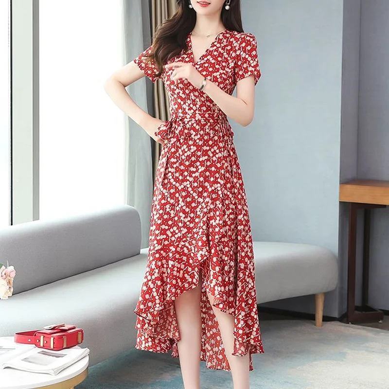 2023 New Summer Elegant and Fashionable V-neck Fashion Printed Belt Slim Fit and Irregular Belly Covering Women's Dress