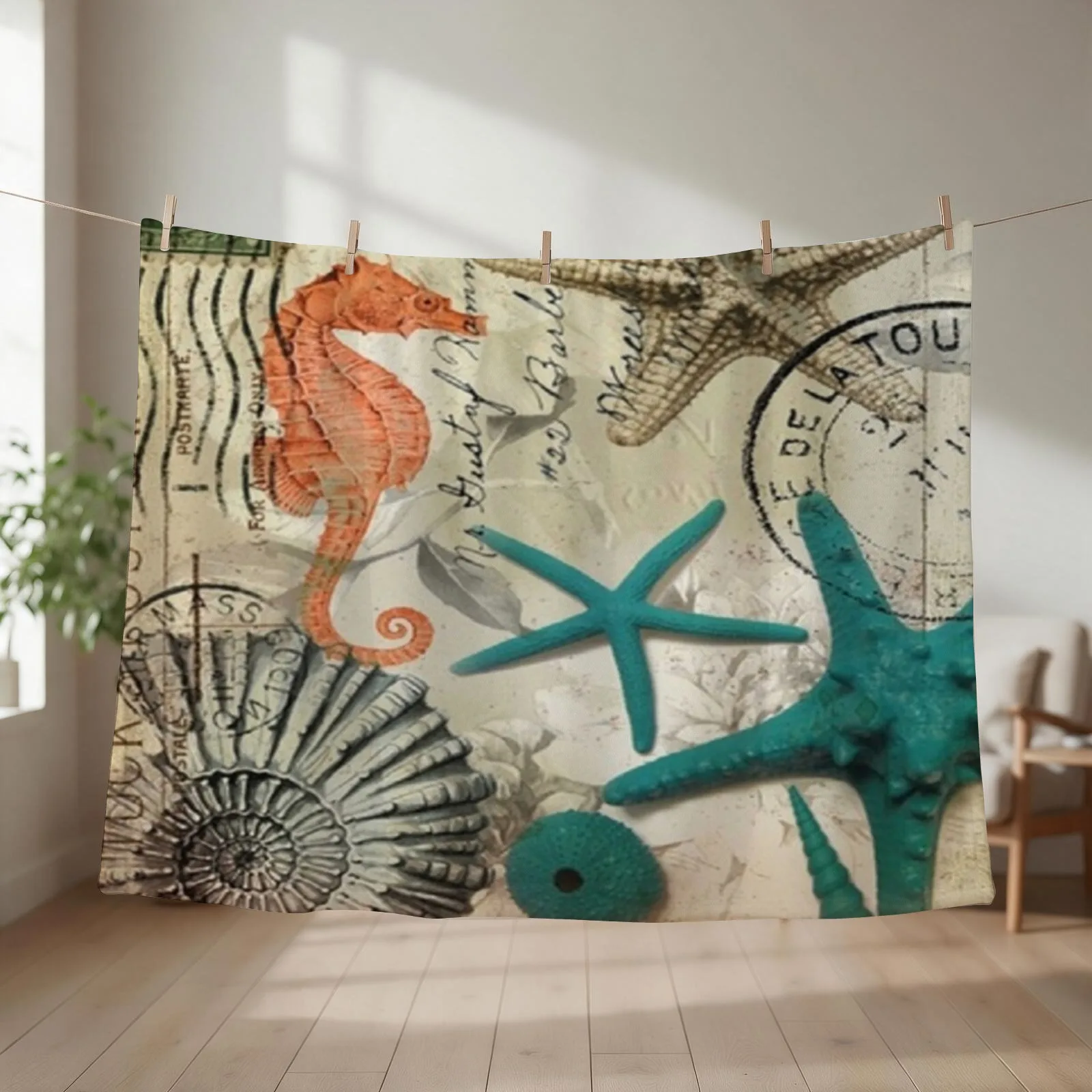 coastal seashell teal starfish seahorse ocean beach Throw Blanket Winter beds Blankets For Sofas Soft Beds Comforter Blankets