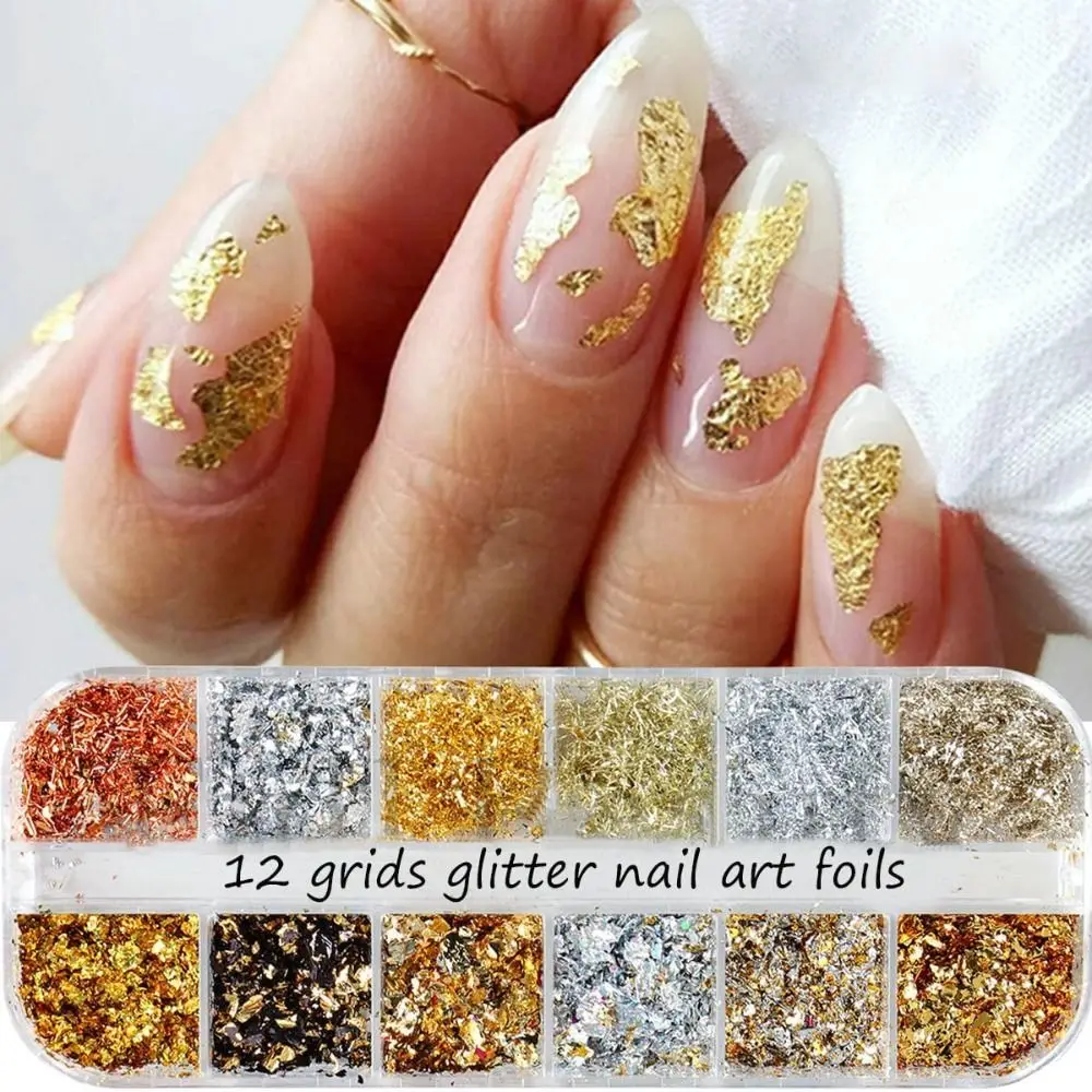 Holographic Nail Glitter Gold Foils 12 Grids Sparkly Nail Glitters Sequins Ultra-Thin Aluminum Foil Nail Art Flakes