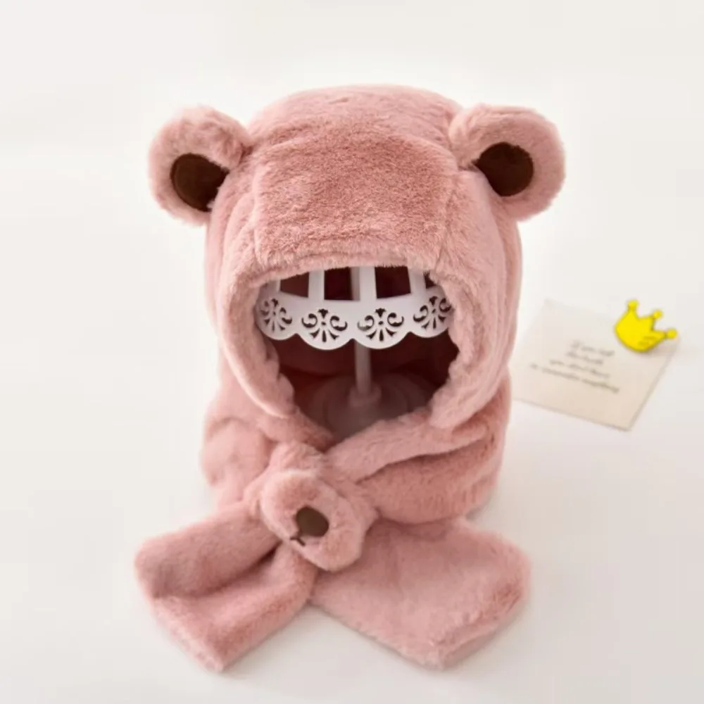 

Solid Color Bear Plush Hat Fashion Design Cloth Accessories Children Fleece Hat Muffler Korean Style Plush Hat with Scarf Baby