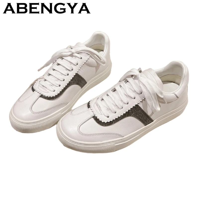 

2025 Spring White Lace Up Flat Shoes For Women Real Leather Round Toe Casual Shoes Ladies Comfort Walking Sneakers Zapatos Mujer