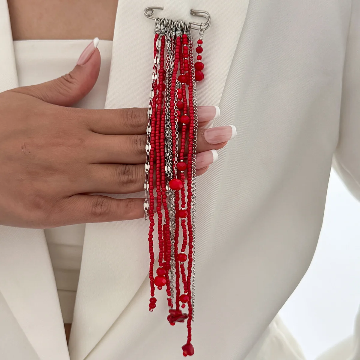 Exaggerated Long Tassel Chain Rice Bead Crystal Women's Brooch Handmade Bead Multi-layer Chain Fixed Needle Clothing Decoration
