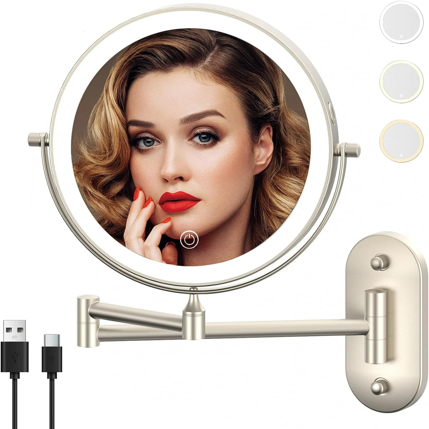 

Stylish Rechargeable 8" Wall Mounted Lighted Makeup Mirror with 1X/10X Magnification, 3 Color Lighting, Touch Screen Dimming, 36