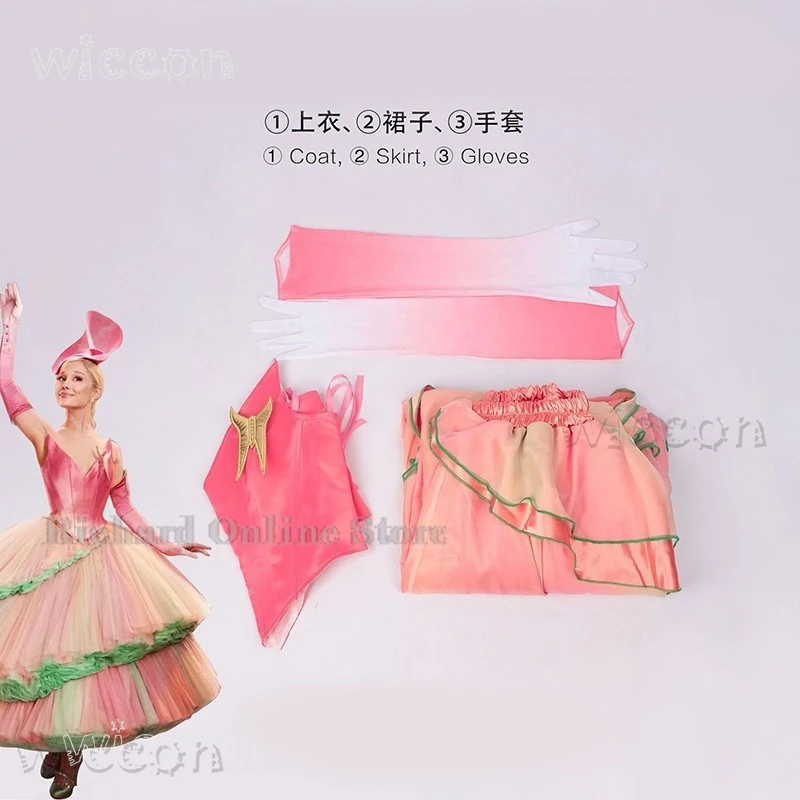 الشريرة 2 غليندا تأثيري الوردي الأميرة فستان طويل يتوهم ثوب زي المرأة الساحرة هالوين النساء ملابس الحفلات شعر مستعار فيلم 2025