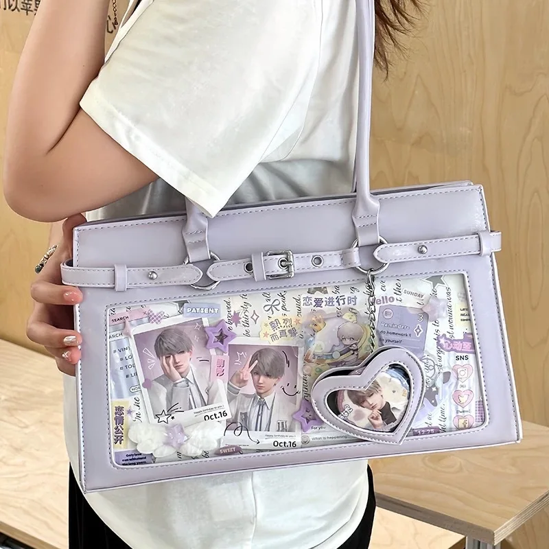 

Ita Bag for Women Anime Cartoon Print Transparent Pocket Itabag PU Leather Shoulder Crossbody Bag Large Capacity Black Daily Cas