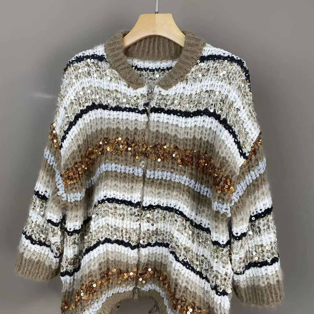 Heavy Sequin Women's Striped Knitted Cardigan Spring 2025 Mohair Wool Blend O-Neck Long Sleeve Fashion Ladies Sweater