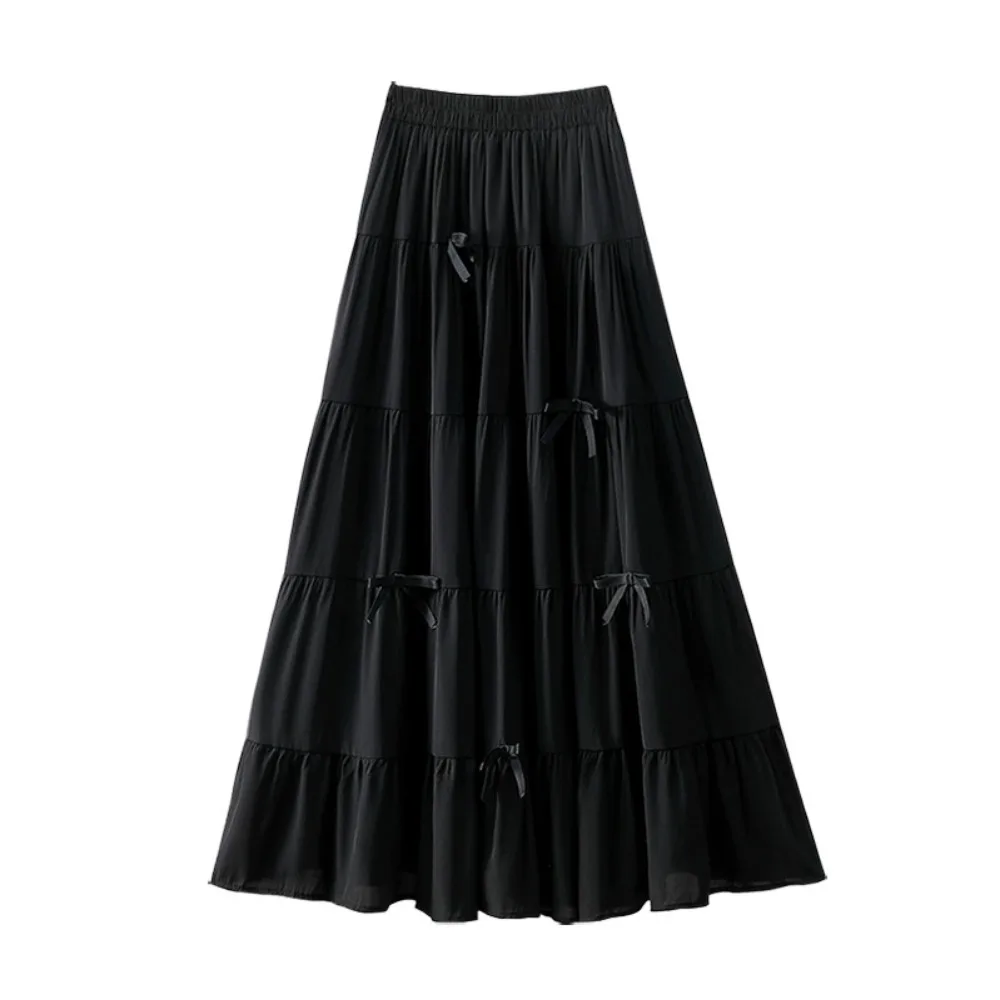 

Bowknot Tiered Midi Skirt Pleated Hight Waist Long Cake A-line Skirts Solid Color Korea Style Seven Point Long Dress Girl