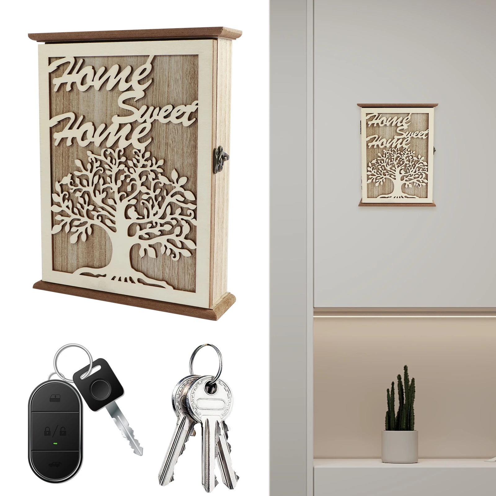 Wood Key Box Decorative Key Holder 20×6×26 cm Wood Key Rack with 6 Hooks Key Cabinet with Back Bracket Key Hanger Key Storage