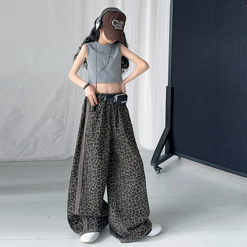 Girls Pant 2025 Summer New American Retro Leopard Print Jeans High Waist Loose Fit Slimming Wide Leg Work Pants