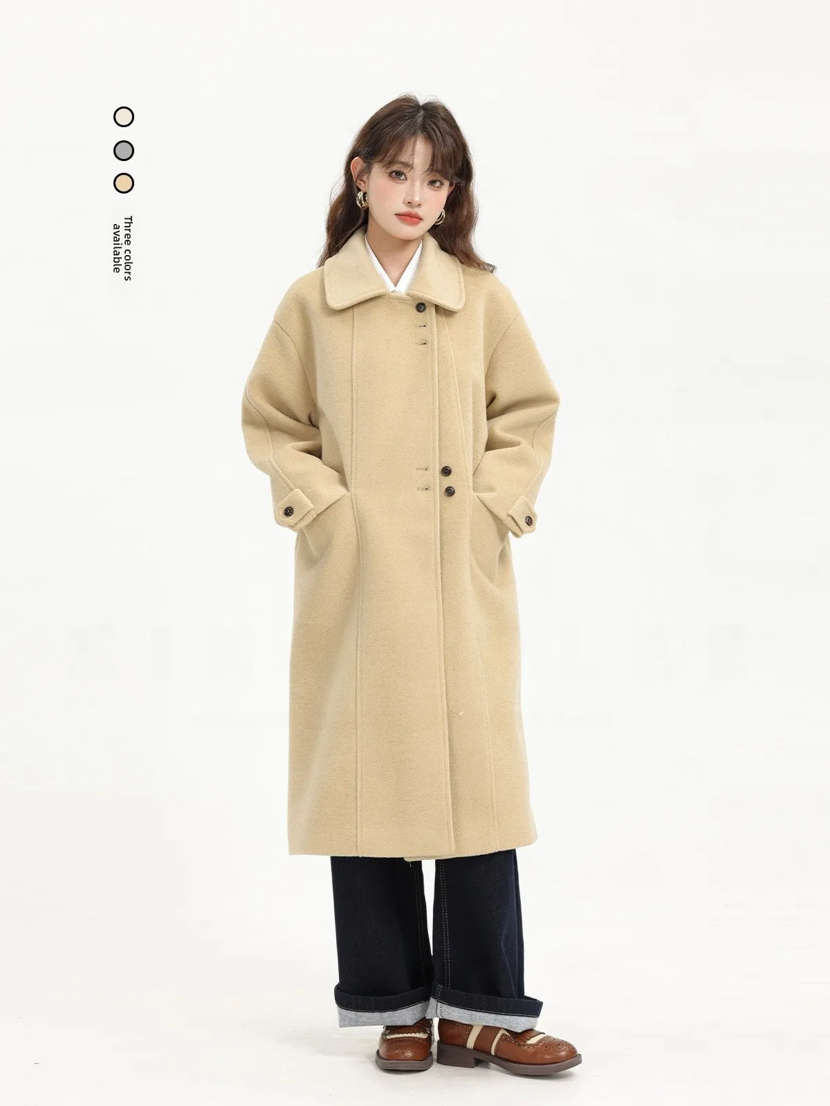 

Ele Vintage Korean Hepburn Sle Loose Fit High-End Woolen Coat Autumn Winter Outerwear Long Sve Collar Single Bu...
