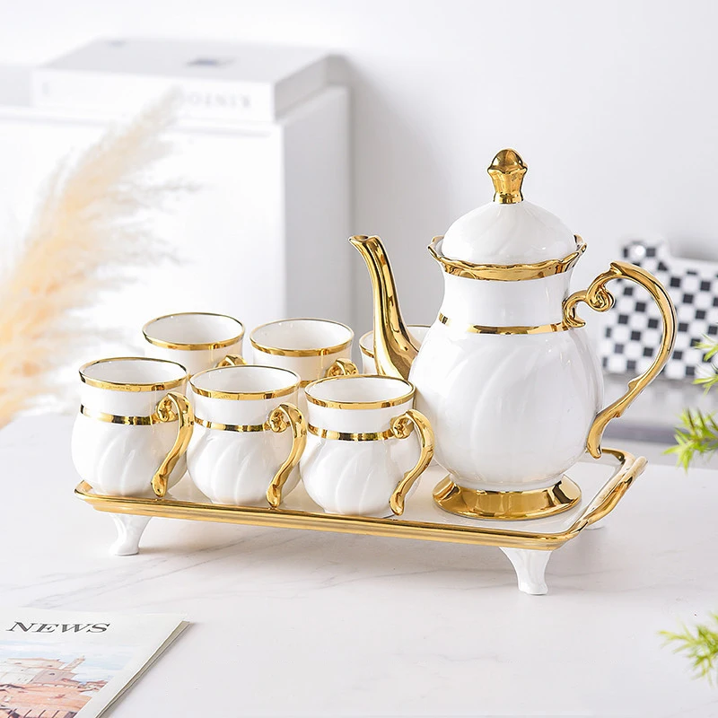 

Arabic Golden Porcelain Tea Cup and Saucer Set with Teapot Ceramic Gold Coffee Mugs and Teapot Tray Set