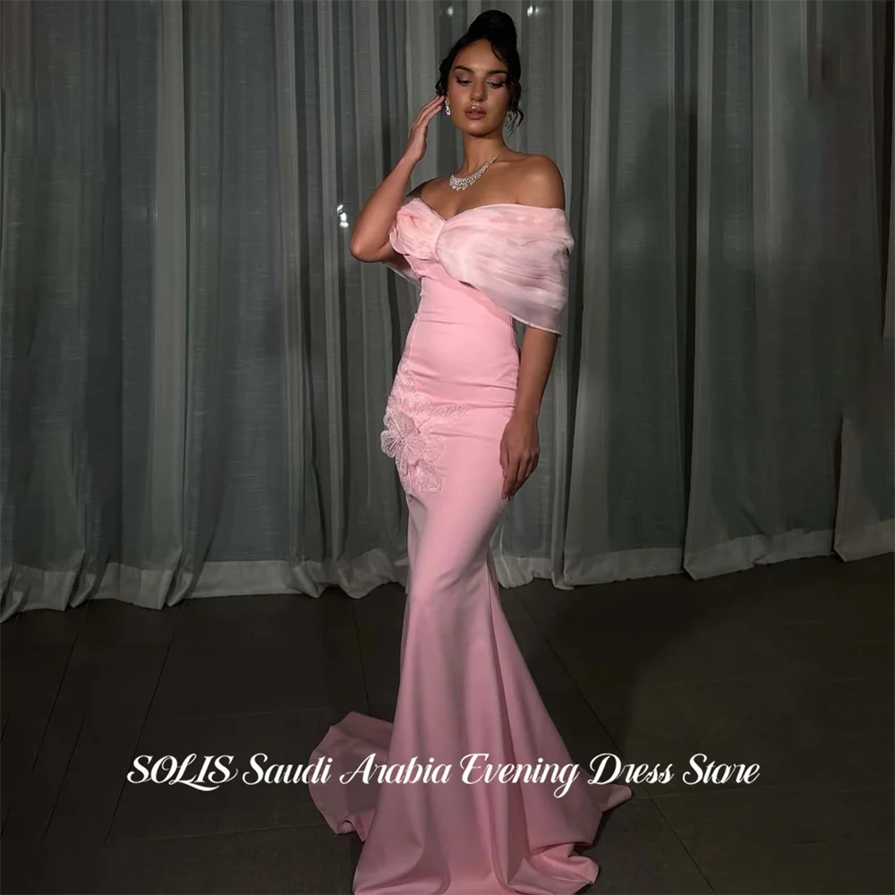 

SOLIS Pink Evening Dresses Off the Shoulder Short Sleeve Party Dresses Mermaid Prom Gown Big Flowers robes du soir Customized