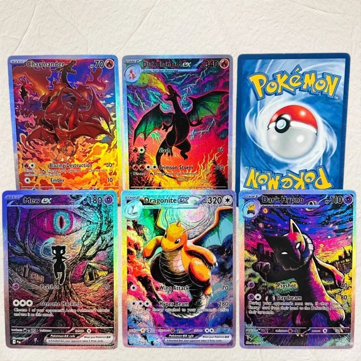 DIY Pokemon 5Pcs Charizard Mew Dragonite Dark Hypno Holographic Texture Cards Perfect Condition Classic Anime Collectible TCG