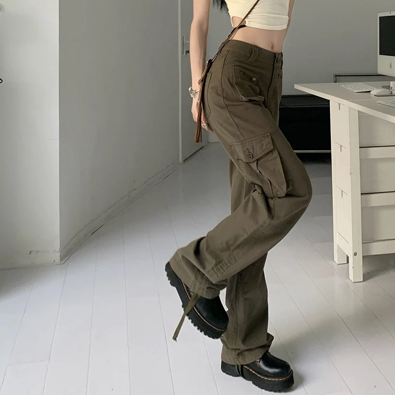 الأمريكية الرجعية العسكرية العمل السراويل النساء شارع العليا Ins كول الساخن فتاة عالية الخصر فضفاضة واسعة الساق جينز غير رسمي