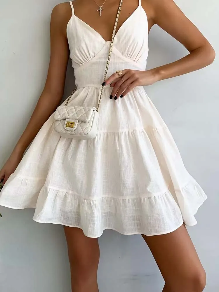 Elegant Sling Dress Women Sexy V-neck Mini Dress Summer Fashion White Sleeveless A-line Dress Lady Vintage Ruffle Vest Sundress