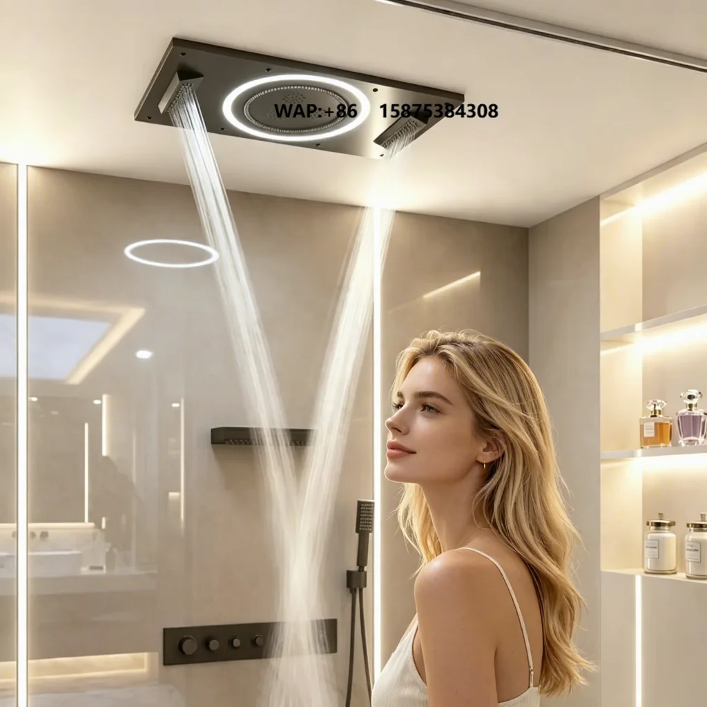 Black Embedded Wall-Mounted Shower Set  Hot and Cold Rotary Switch  with Wall Spray  with Rain Shower  Made of Solid Brass Mater